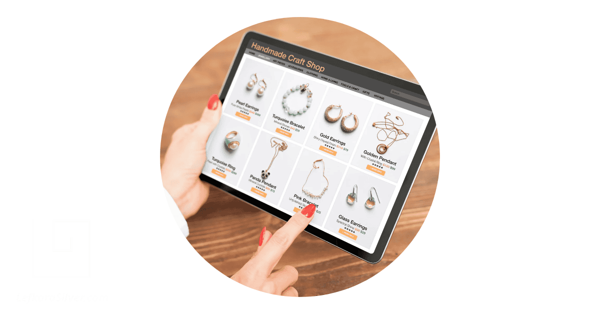 A lady holding a tablet with jewellery displayed on the screen for sale depicting buying protaras jewellery online