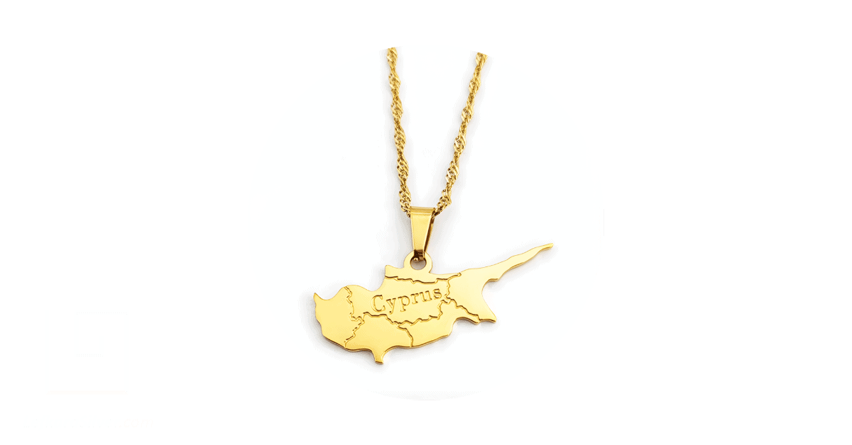 a gold necklace in a white background.