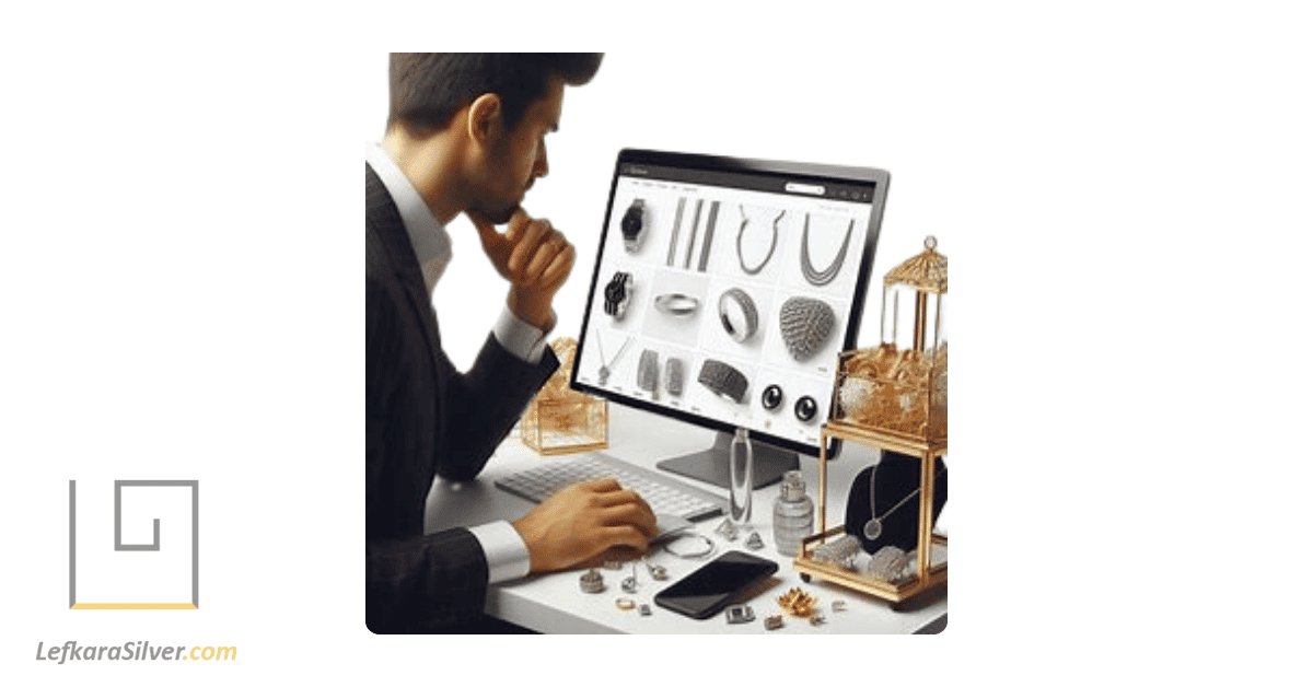 a man browsing various silver jewelry in an online store.