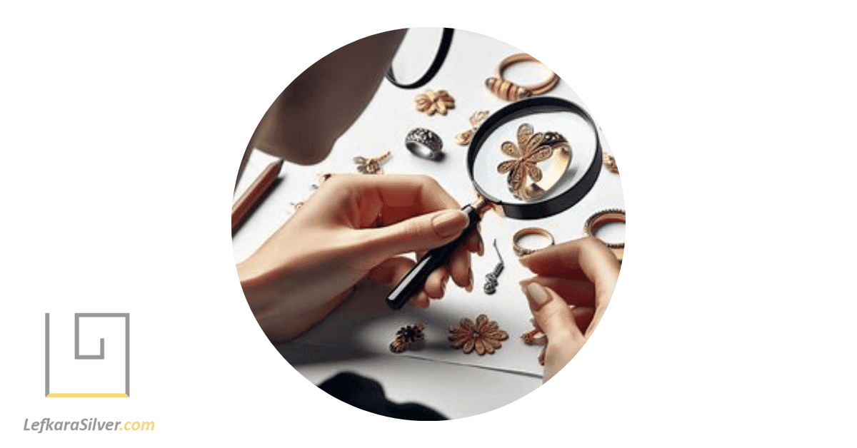  a person examining a piece of Cyprus jewelry with a magnifying glass.