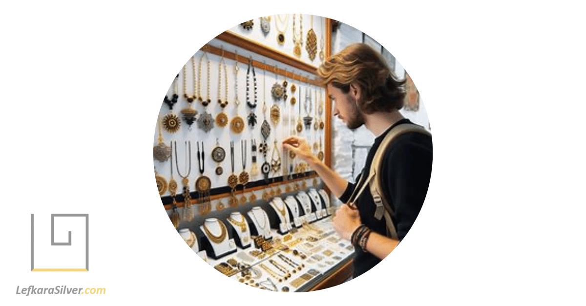 a tourist checking out traditional Ayia Napa jewellery in a local store.