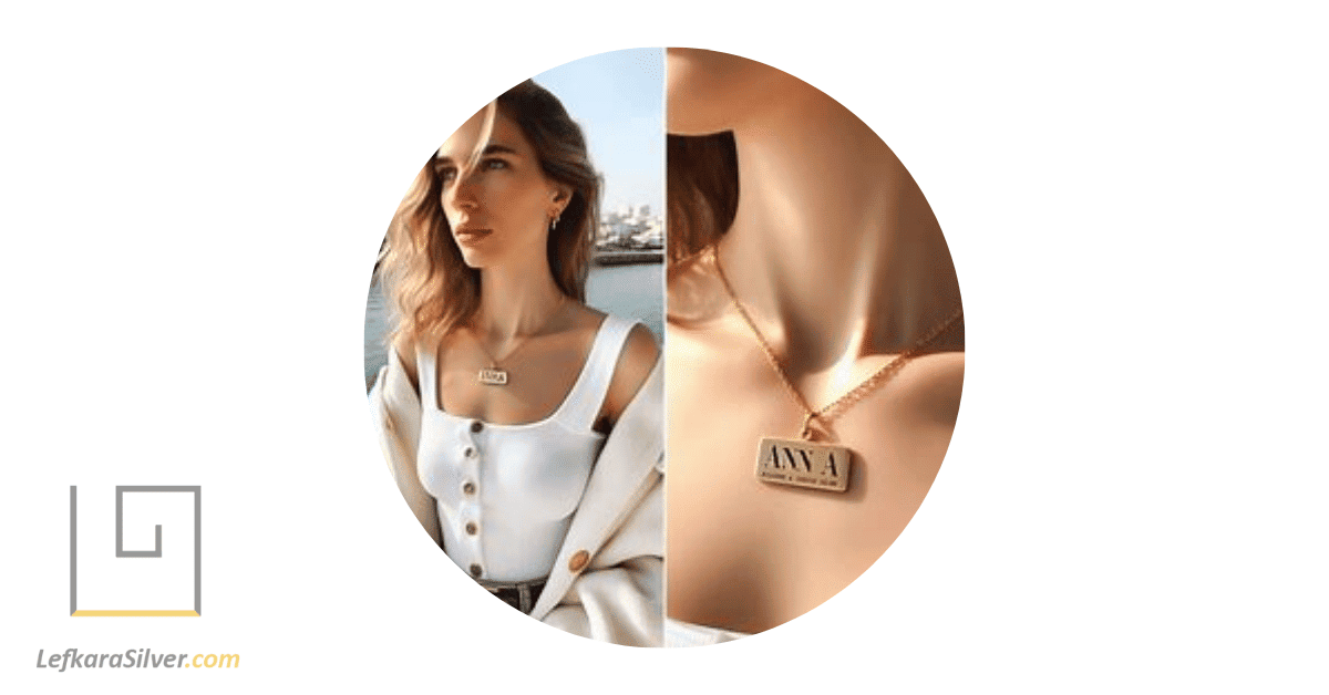 a woman in Limassol wearing a personalized piece of jewellery with ANNA on it