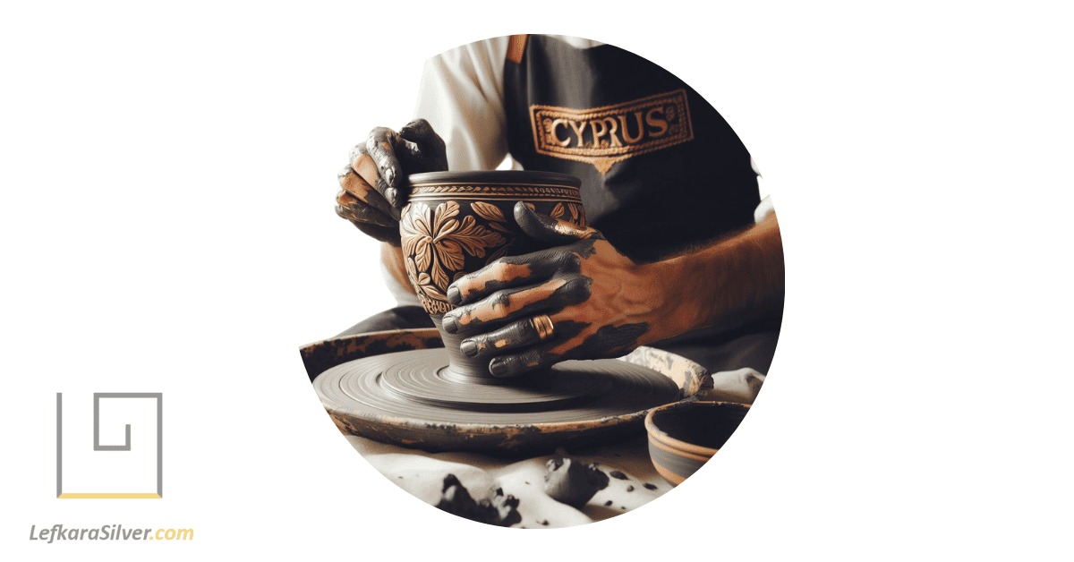 a potter at work, hands covered in clay as they shape a beautiful piece of Cyprus handmade pottery