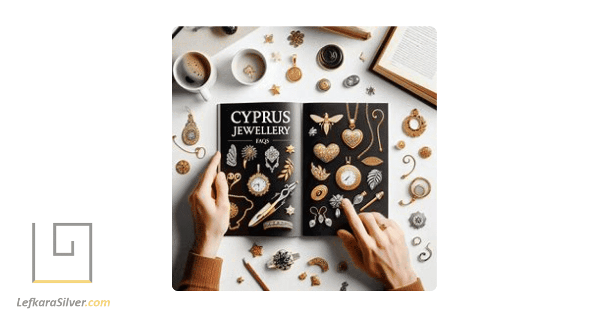 a person reading a book titled 'Cyprus Jewellery FAQs', with various pieces of Cyprus jewellery laid out in front of them.