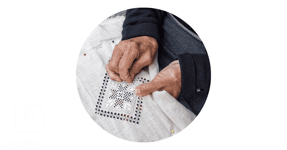 a Cypriot woman weaving Cyprus lace