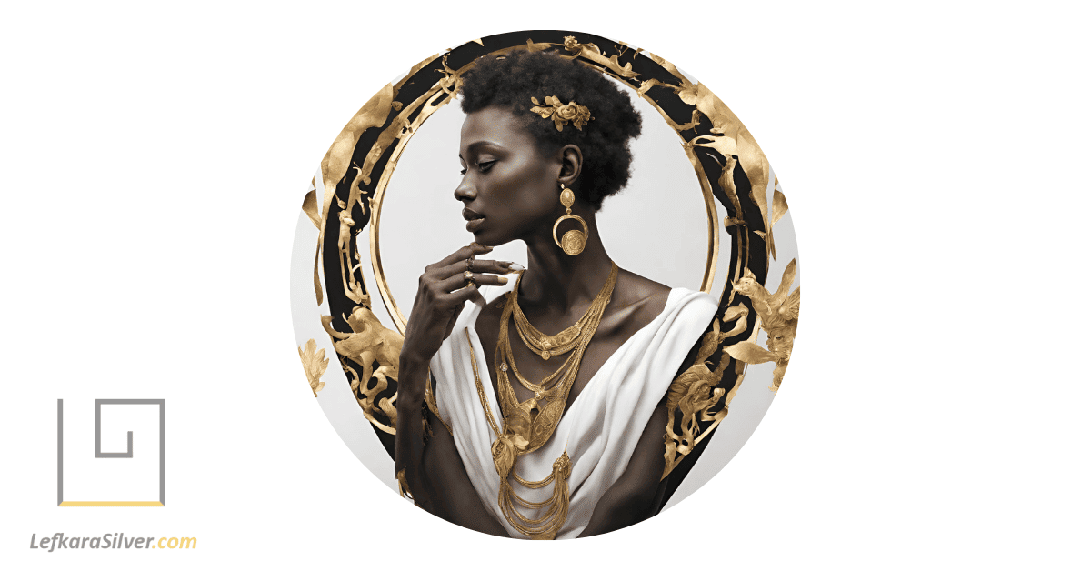 a person wearing a piece of Greek jewellery with a design influenced by Greek mythology.