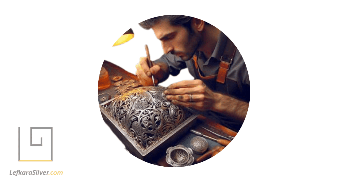 a silversmith in Cyprus, carefully crafting a piece of intricate silverware.