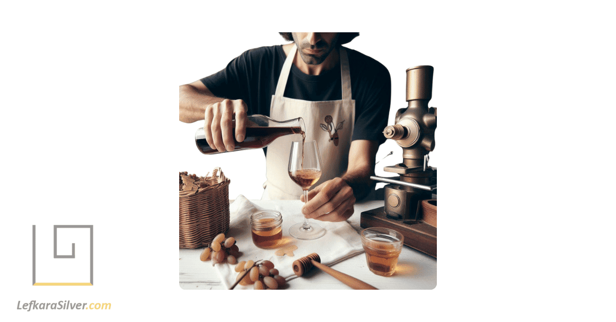 a winemaker in Cyprus, carefully pouring handmade wine into a glass.