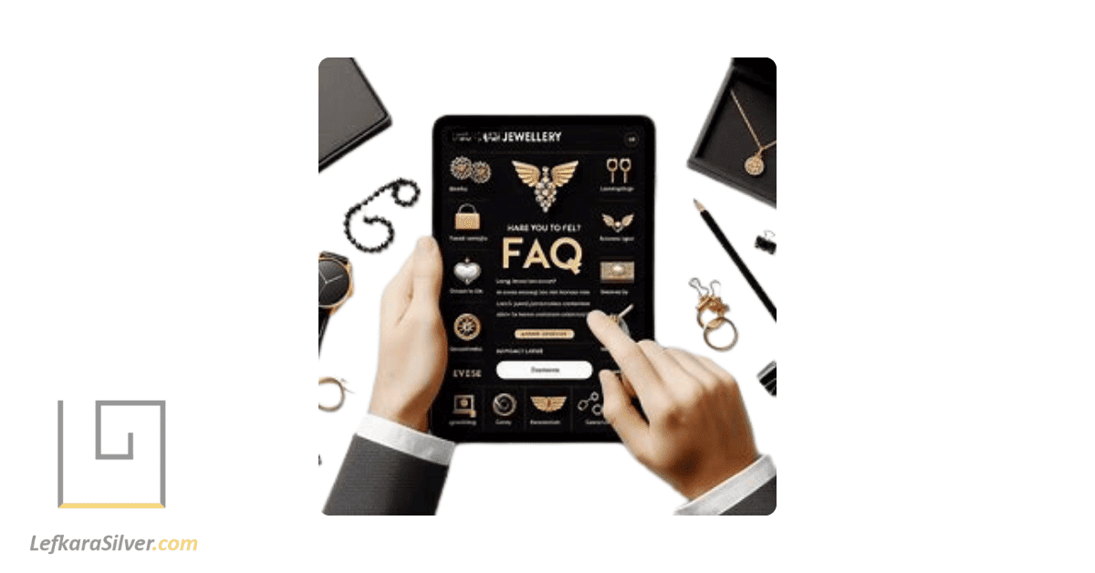 a person reading a FAQ section about Larnaca jewellery on a digital device.