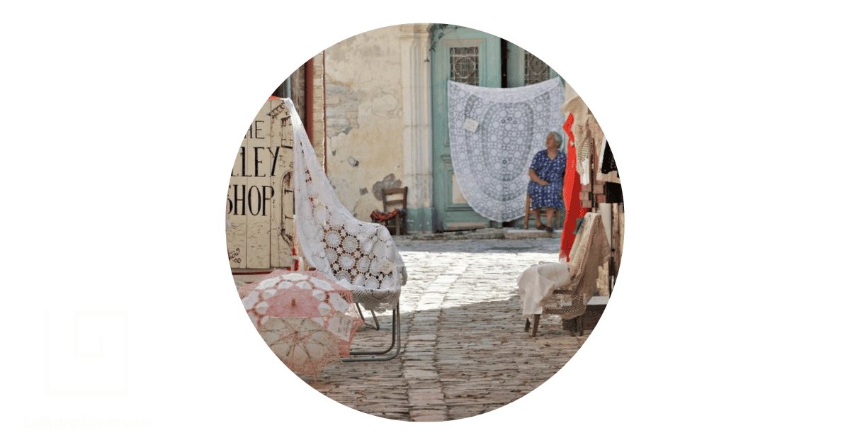 lefkara lace on display on the street