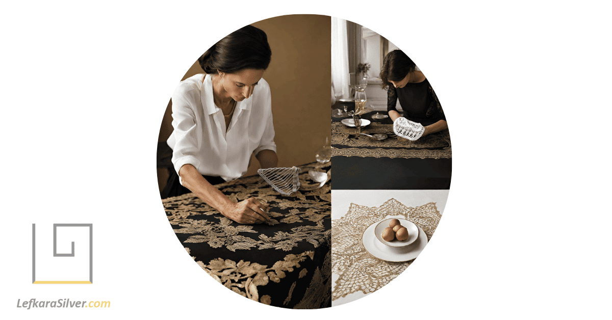 a person admiring a Lefkara lace tablecloth, a symbol of elegance and craftsmanship, displayed in a local shop