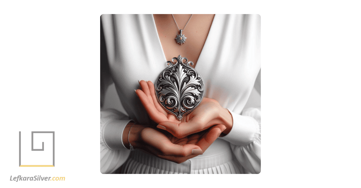 a person holding an intricate piece of Lefkara silver jewellery.