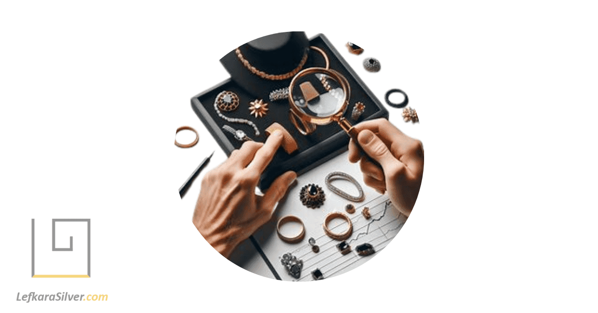 a person examining a piece of jewellery with a magnifying glass, demonstrating the process of buying jewellery in Limassol.