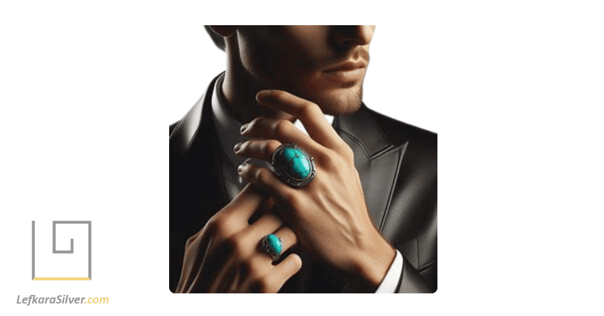 a man wearing a classic silver turquoise ring, reflecting light.