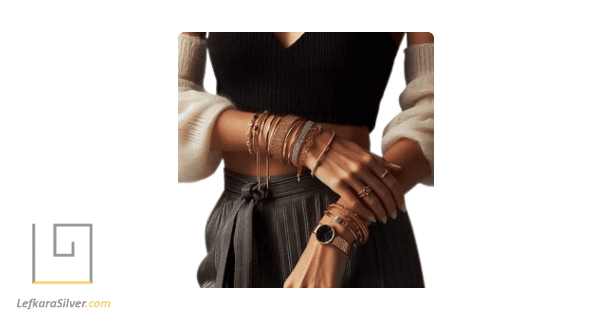 a fashionista skillfully mixing gold and silver bracelets on her wrist.