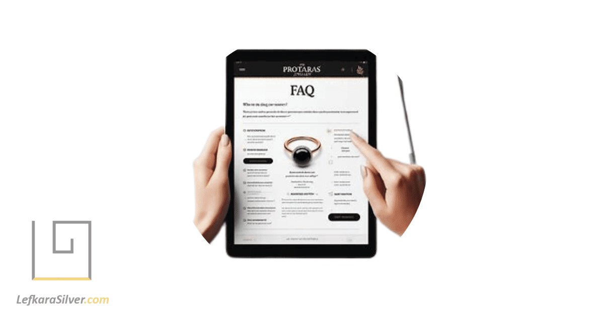 a person reading a FAQ section about Protaras jewellery on a tablet.