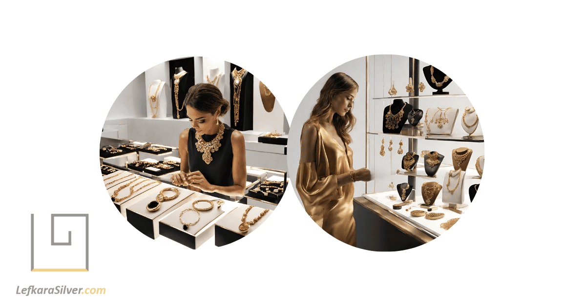 two women admiring a display of Protaras jewellery