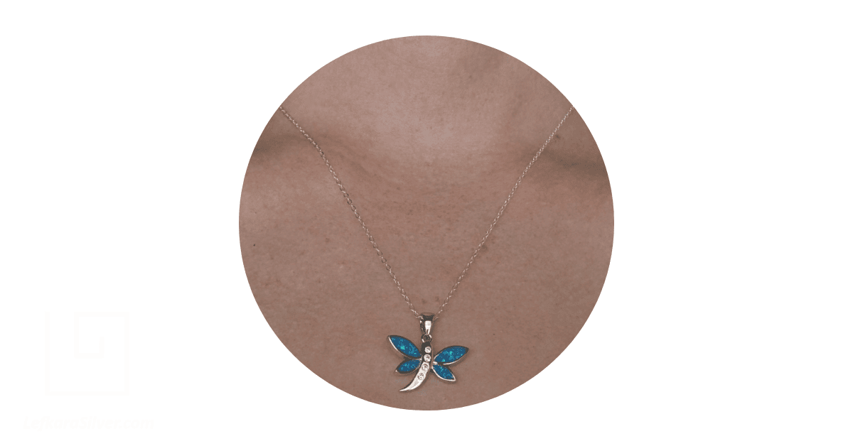 Blue Opal Pendant Dragonfly Breeze Silver Jewelry Wear Shot - Model Shot
