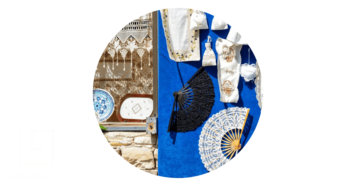 a display of items made with lace patterns