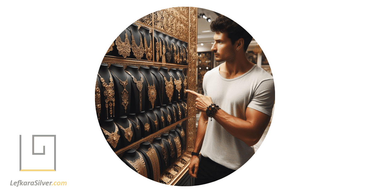 a man standing in front of a store display filled with filigree necklaces, pointing at one that catches his eye.
