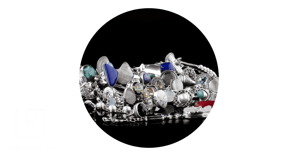 A collection of sterling silver jewelry, depicting sterling silver jewelry wholesale