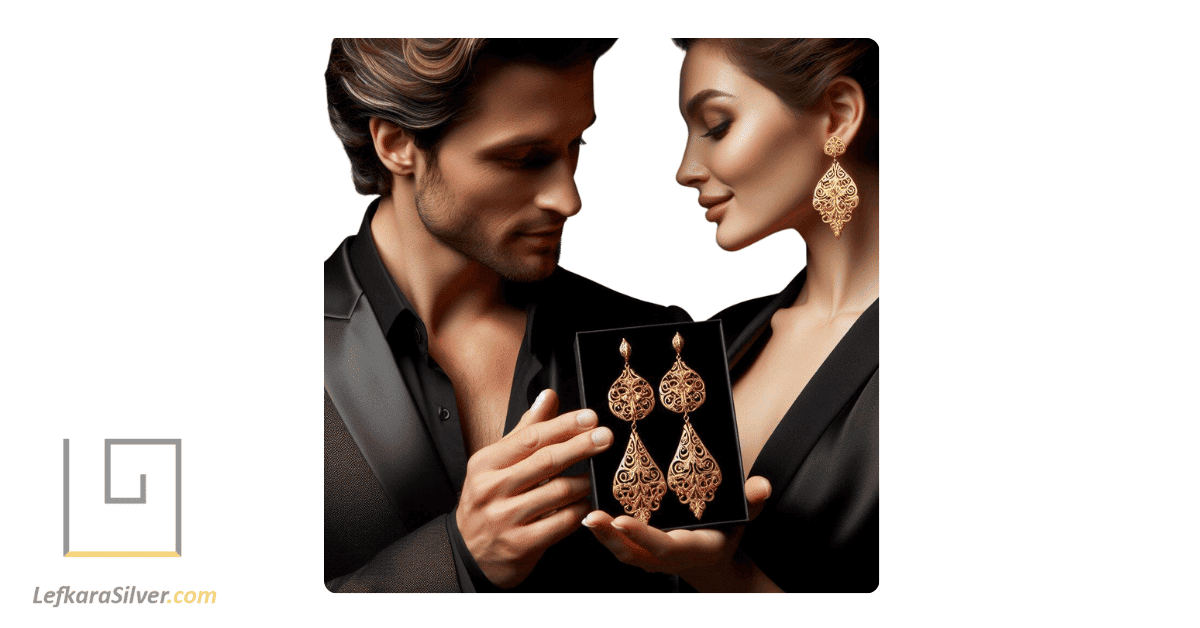 a man presenting a pair of 14k gold filigree earrings to a woman, the earrings exuding luxury and elegance.
