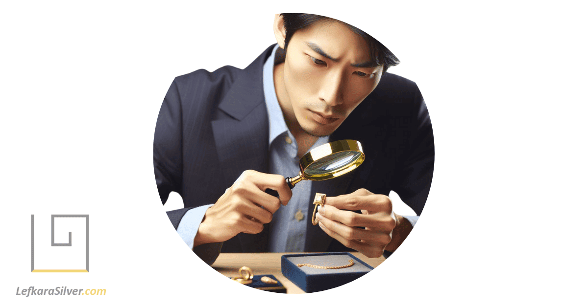 a person examining a piece of gold jewelry with a magnifying glass.