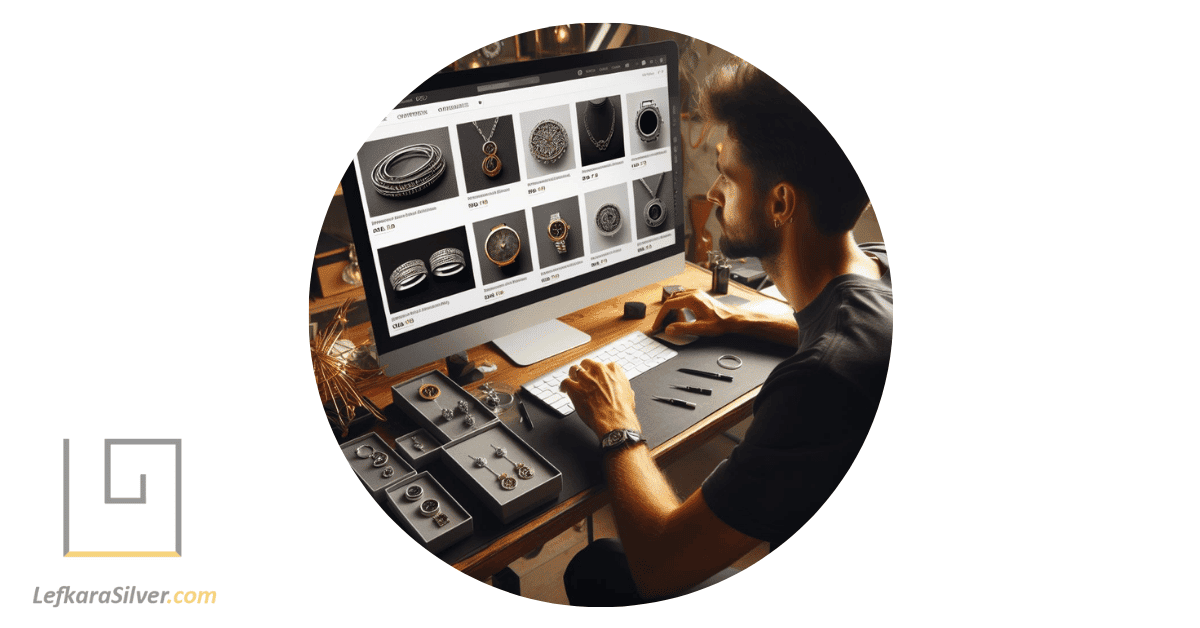 a man browsing through an online store showcasing a variety of Silver 925 jewelry pieces.
