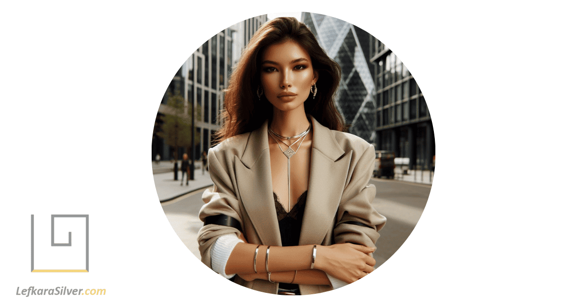 a fashion-forward individual wearing one of the must-have silver necklace styles for 2024, standing against a modern city backdrop.
