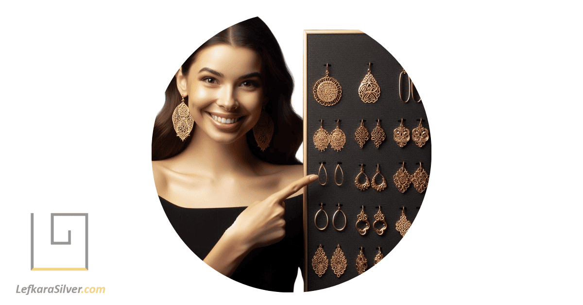 a woman happily pointing at a display of nine different styles of filigree earrings, each style unique and classy, reflecting the light in a different way.
