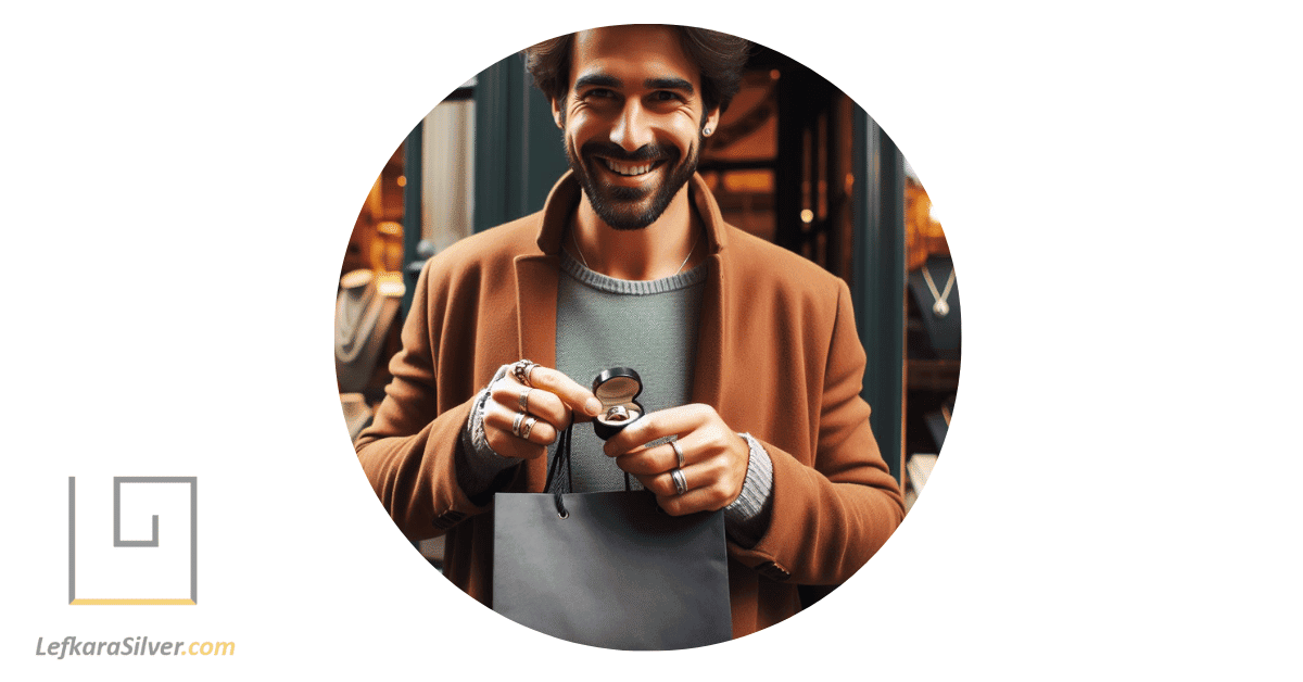 a man walking out of a store, happily holding a bag containing a piece of silver vintage jewelry that he bought for under $100.
