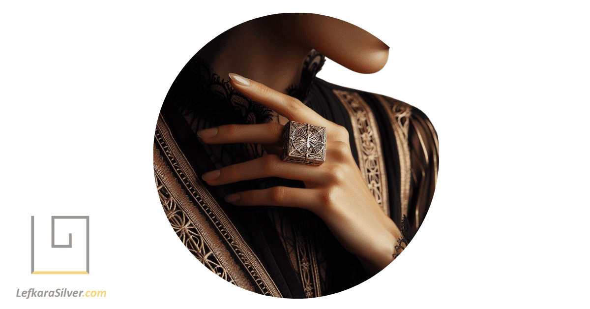 a person wearing an Art Deco filigree ring, the historical style of the ring contrasting with their modern attire.
