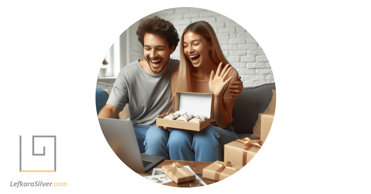 a young couple excitedly unboxing a package from an online jewelry store, revealing affordable gold jewelry