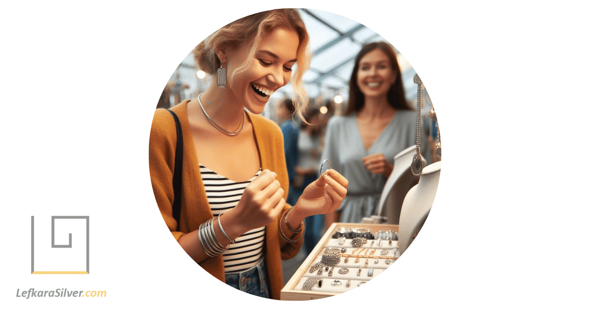 a woman joyfully discovering a piece of affordable silver women's jewelry in a market