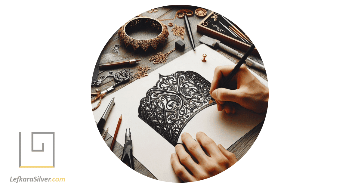 a jewelry designer sketching a unique design for a custom filigree bangle, with various tools and materials scattered around his workspace.
