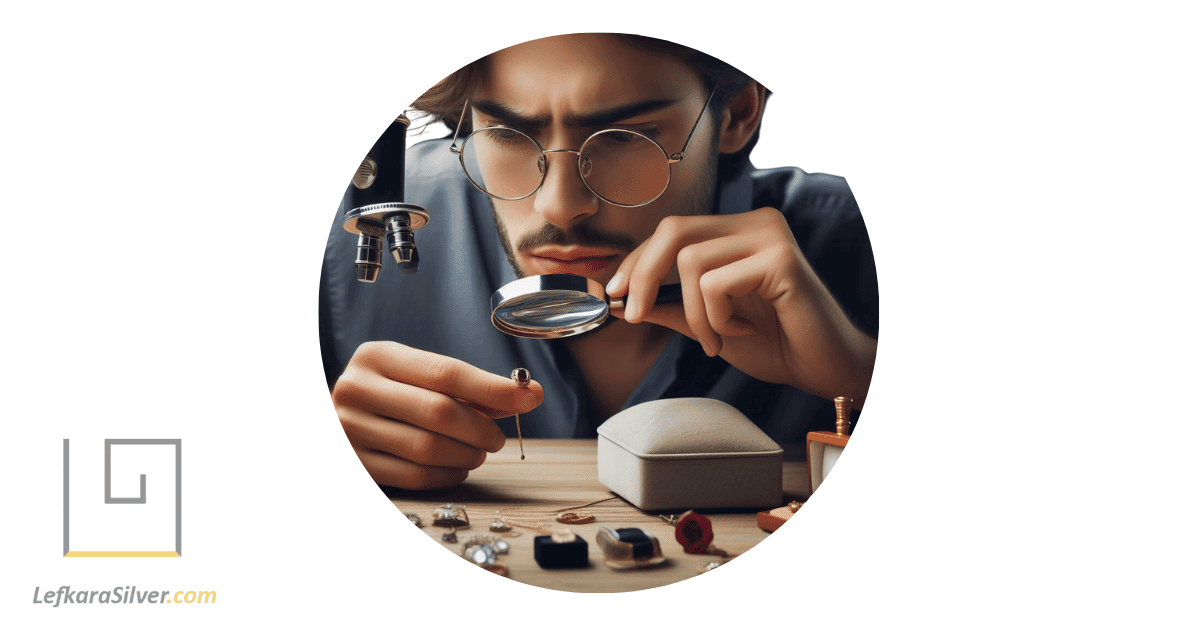 a jeweler examining a piece of jewelry under a magnifying glass, determining its authenticity.