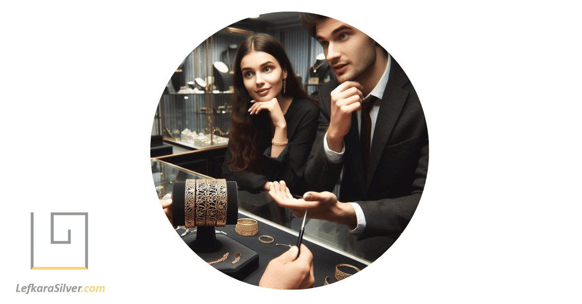 curious customers at a jewelry store, asking the shopkeeper questions about a filigree bangle displayed in a glass case.