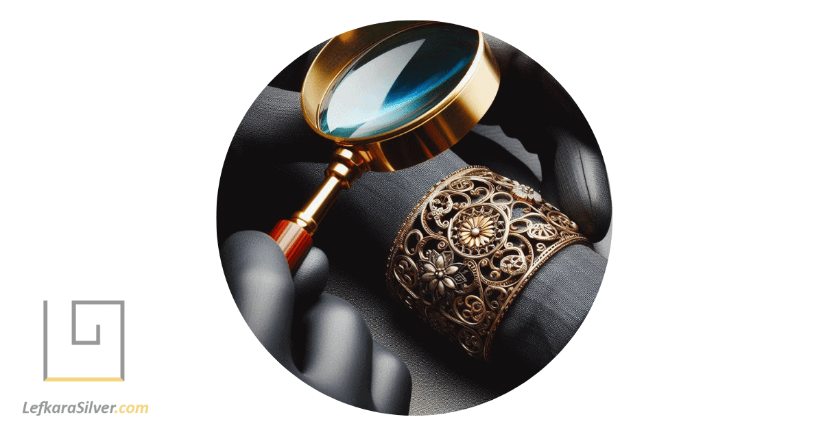 a jewelry expert holding a magnifying glass to a filigree bangle, revealing the intricate details and craftsmanship.
