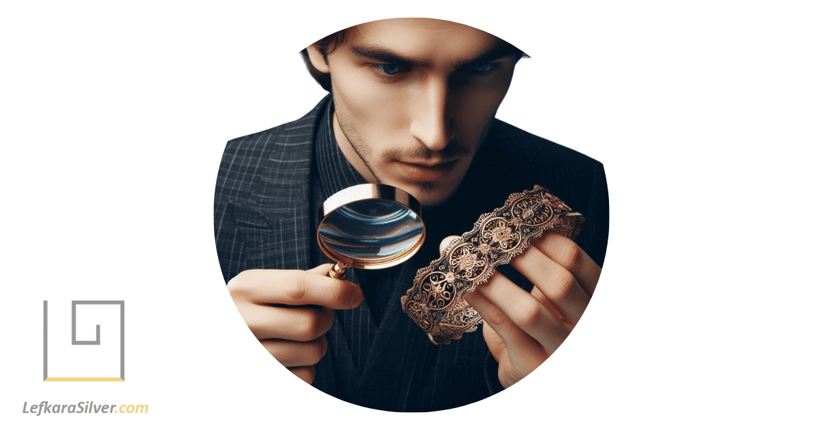 a man holding a magnifying glass to a filigree bracelet, revealing intricate details.
