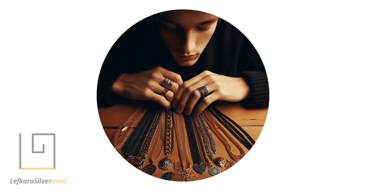 a young man sitting at a table, a variety of filigree chain necklaces spread out in front of him, each one unique in its design.
