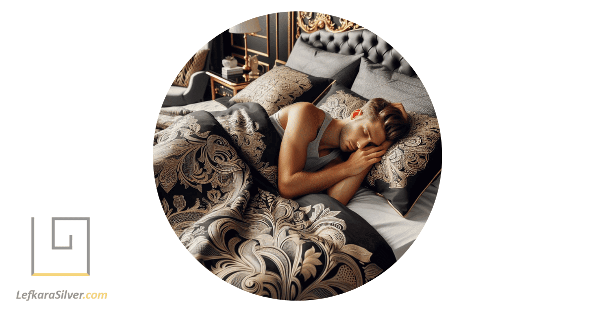 a person comfortably resting in a luxurious filigree comforter set in a well-decorated bedroom.
