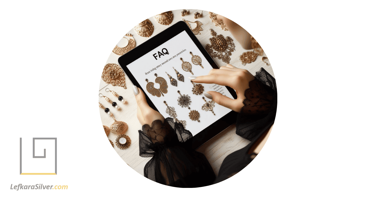 a woman browsing through a FAQ page on a digital tablet, with various styles of filigree earrings laid out in front of her.