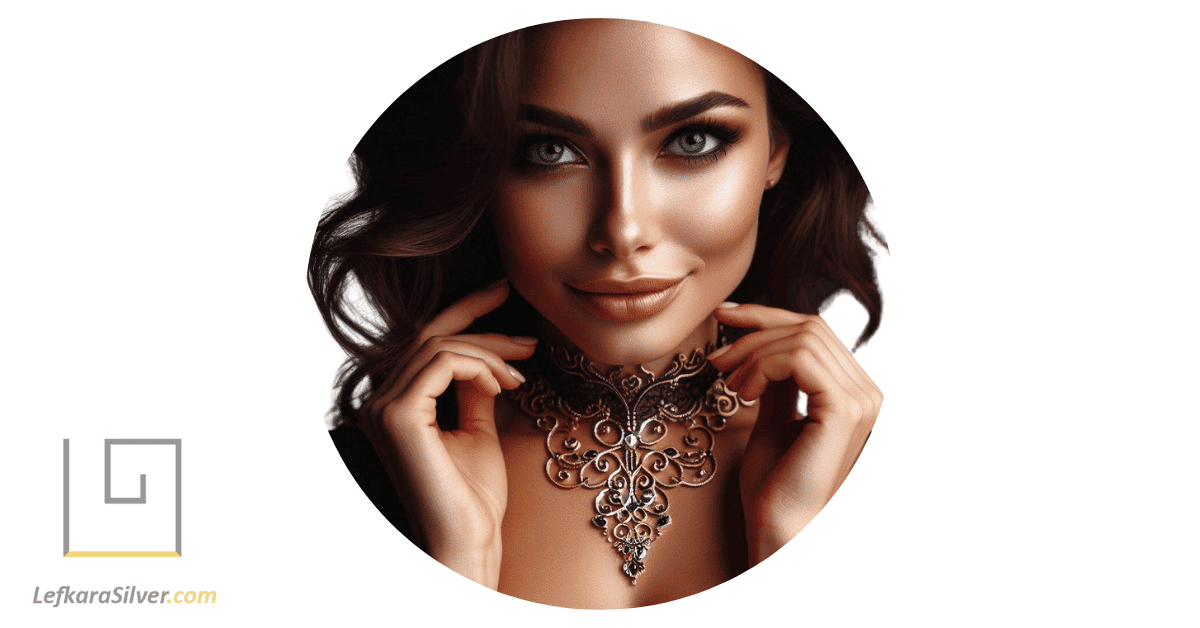 a woman wearing a delicate filigree necklace, her eyes sparkling with joy as she admires the intricate design.