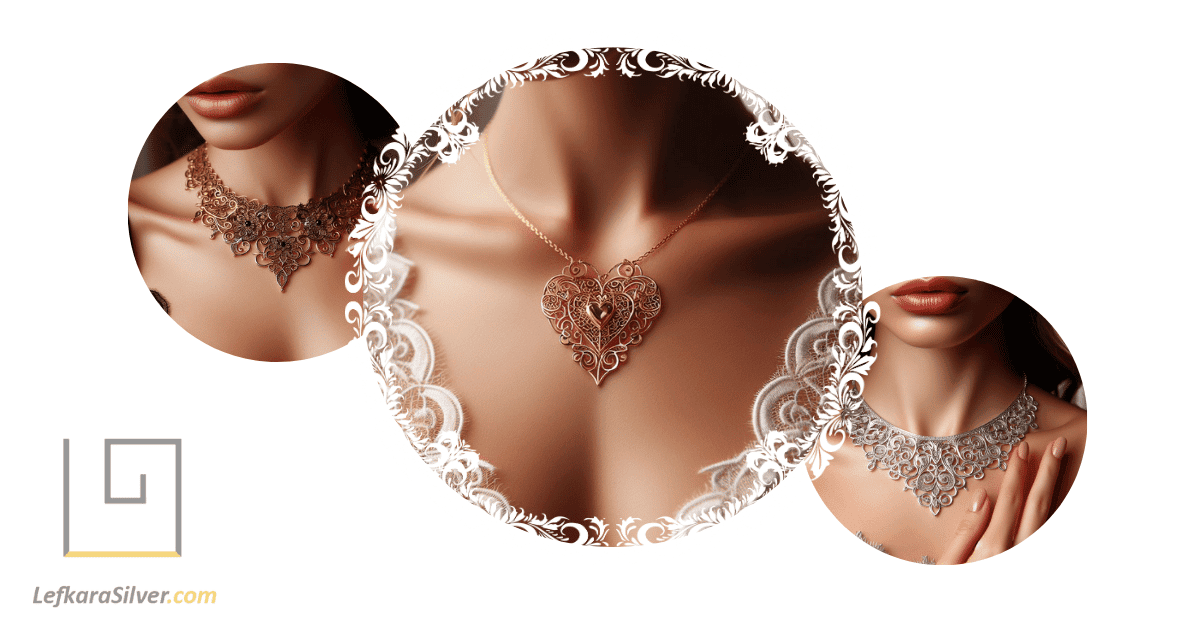 three women wearing a delicate filigree necklace, one in silver, the others in gold, the intricate details of the necklace catching the light.