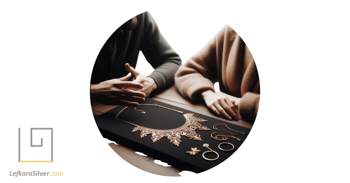 a man and a woman engaged in a conversation, a filigree necklace laid out on the table between them, as they discuss various aspects of the necklace.