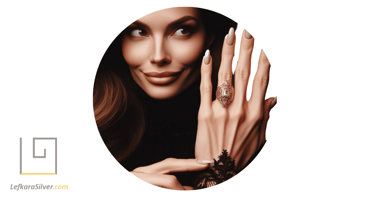 a woman smugly displaying her beautiful filigree ring