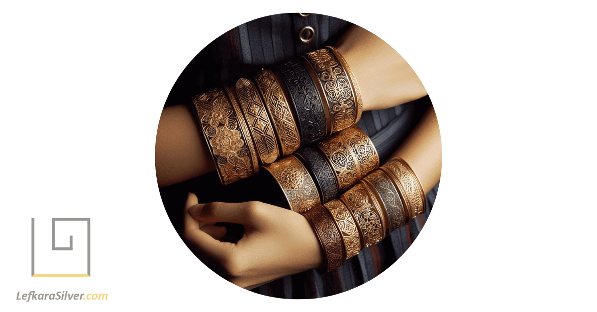 a person showcasing a variety of filigree bangles on their arm, each with a unique design.
