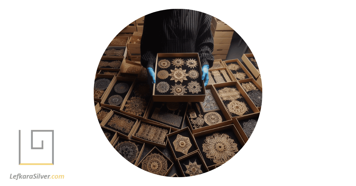 A person standing in a warehouse, surrounded by boxes filled with filigree jewelry