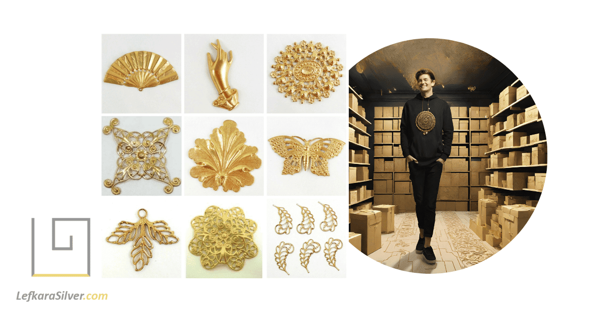 a display of several filigree wholesale components, and a man standing happily in a warehouse full of boxes