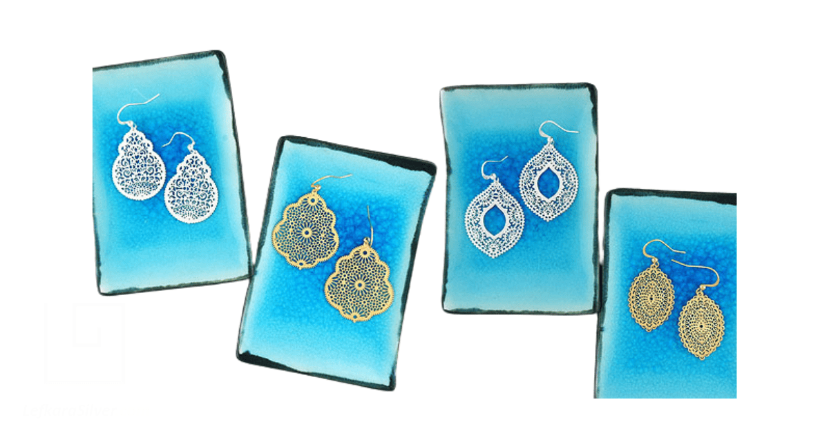 Filigree earrings in boxes displayed to portray filigree wholesale